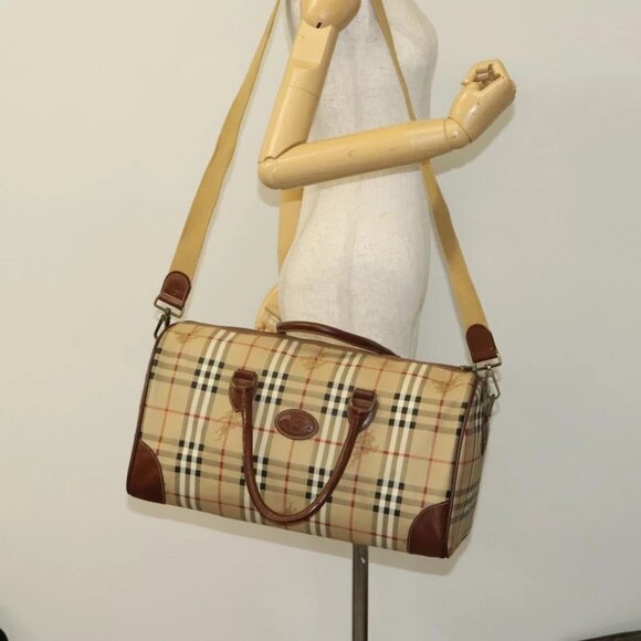 Burberrys Nova Check Boston Bag PVC 2way Beige Gold Auth 117842 - Picture 3 of 16